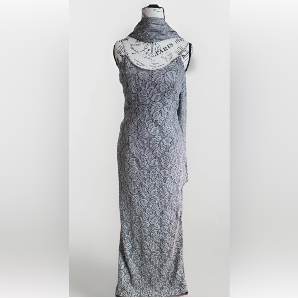 vintage 90s y2k cache silver maxi knit crochet rhinestone strap prom dress